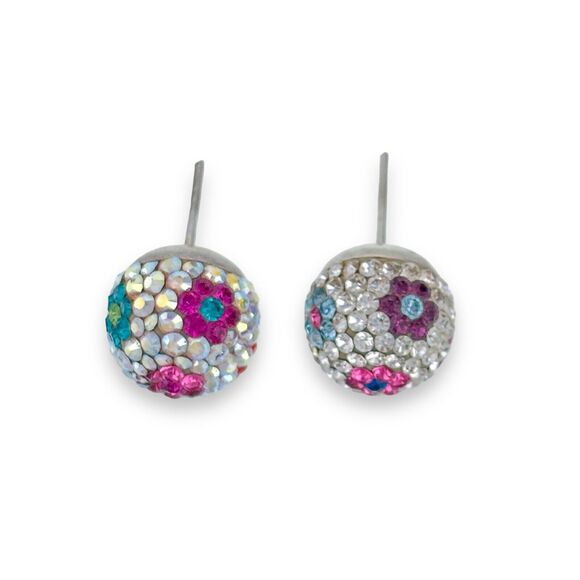 Vintage Sterling Silver Multicolor Pave Crystal Flower Motif Ball Stud Earrings - Picture 1 of 4